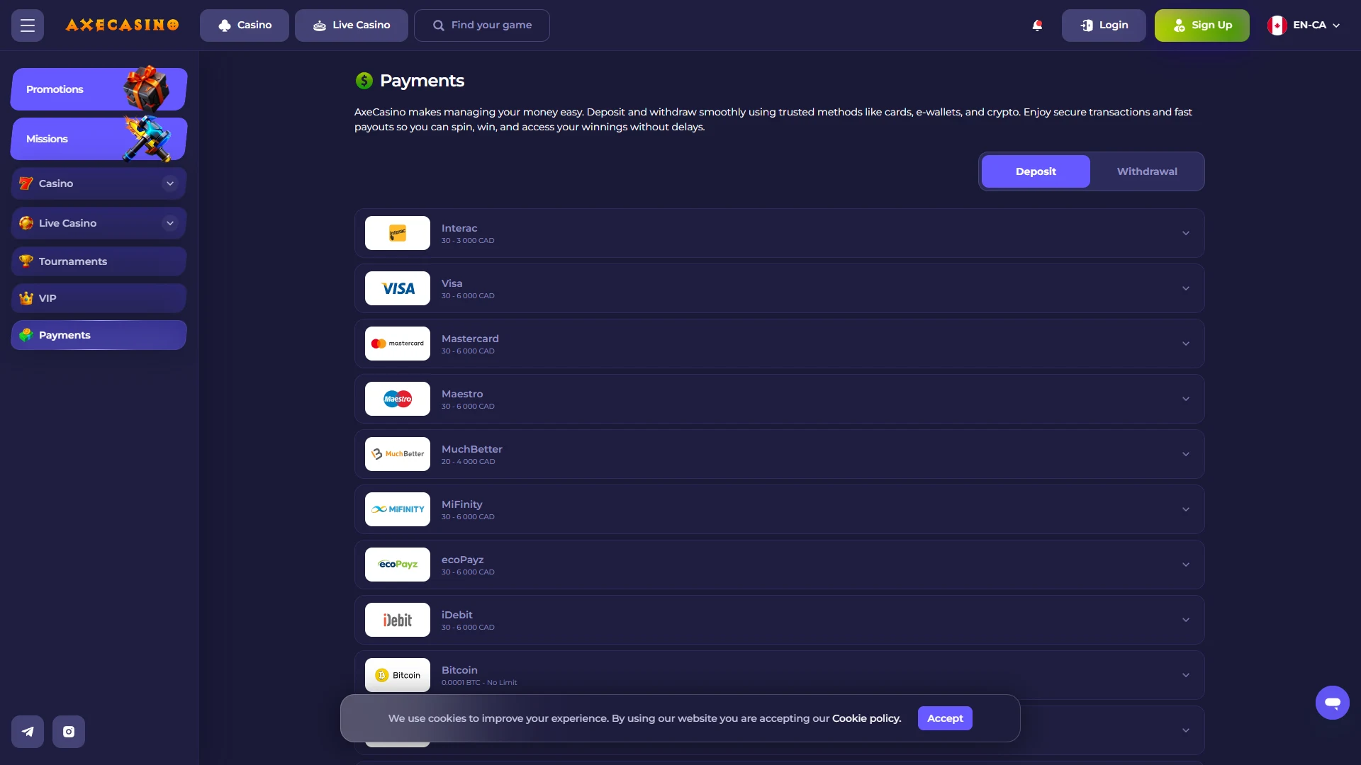 Axe payment methods
